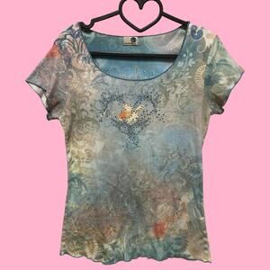 Blue and white Y2K short sleeve top with heart and flower design white orchid